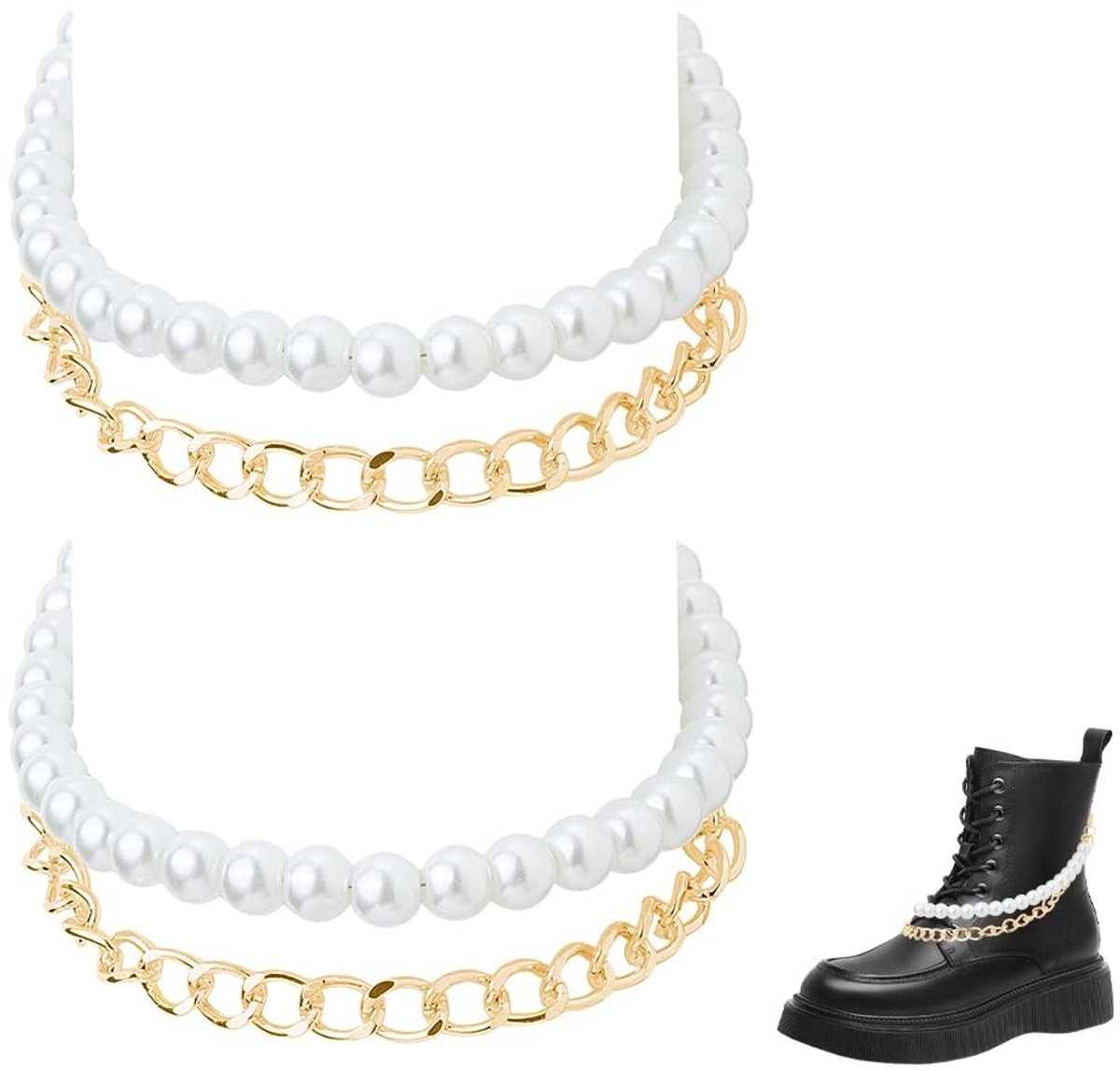JHUBERS- Schoen Charms 36cm - Metalen Boot Kettingen - Decoratie voor Laarzen - DIY Casual Schoen - 2 Stuks - Verstelbaar met Parels - Schoenenketting