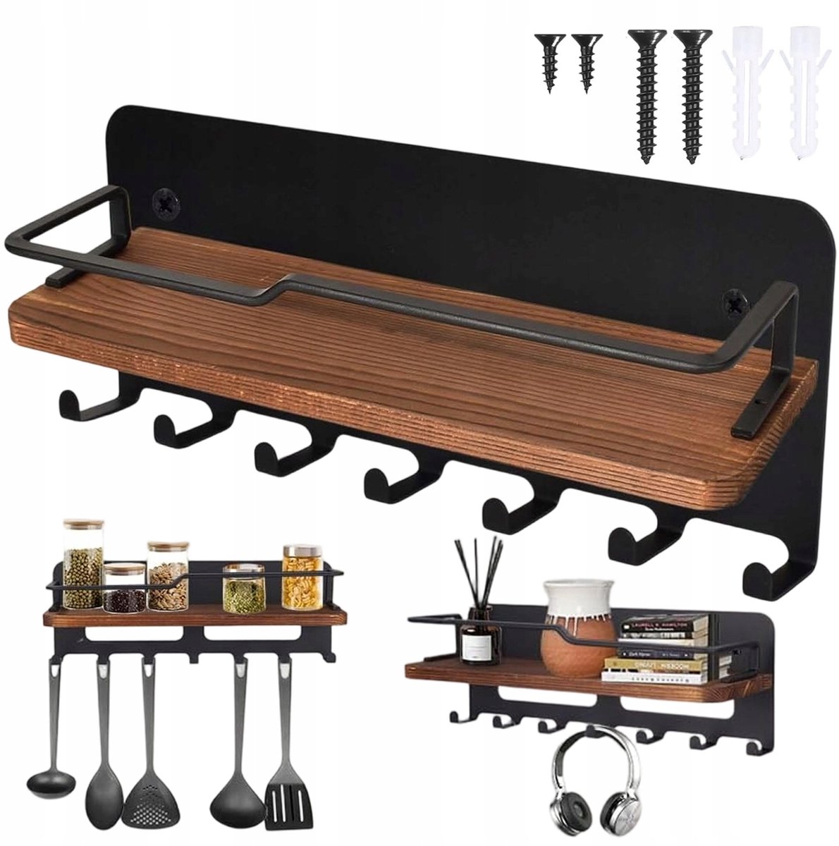 Wandkapstok met Plank en 7 Haken - Zwart Hout & Metaal