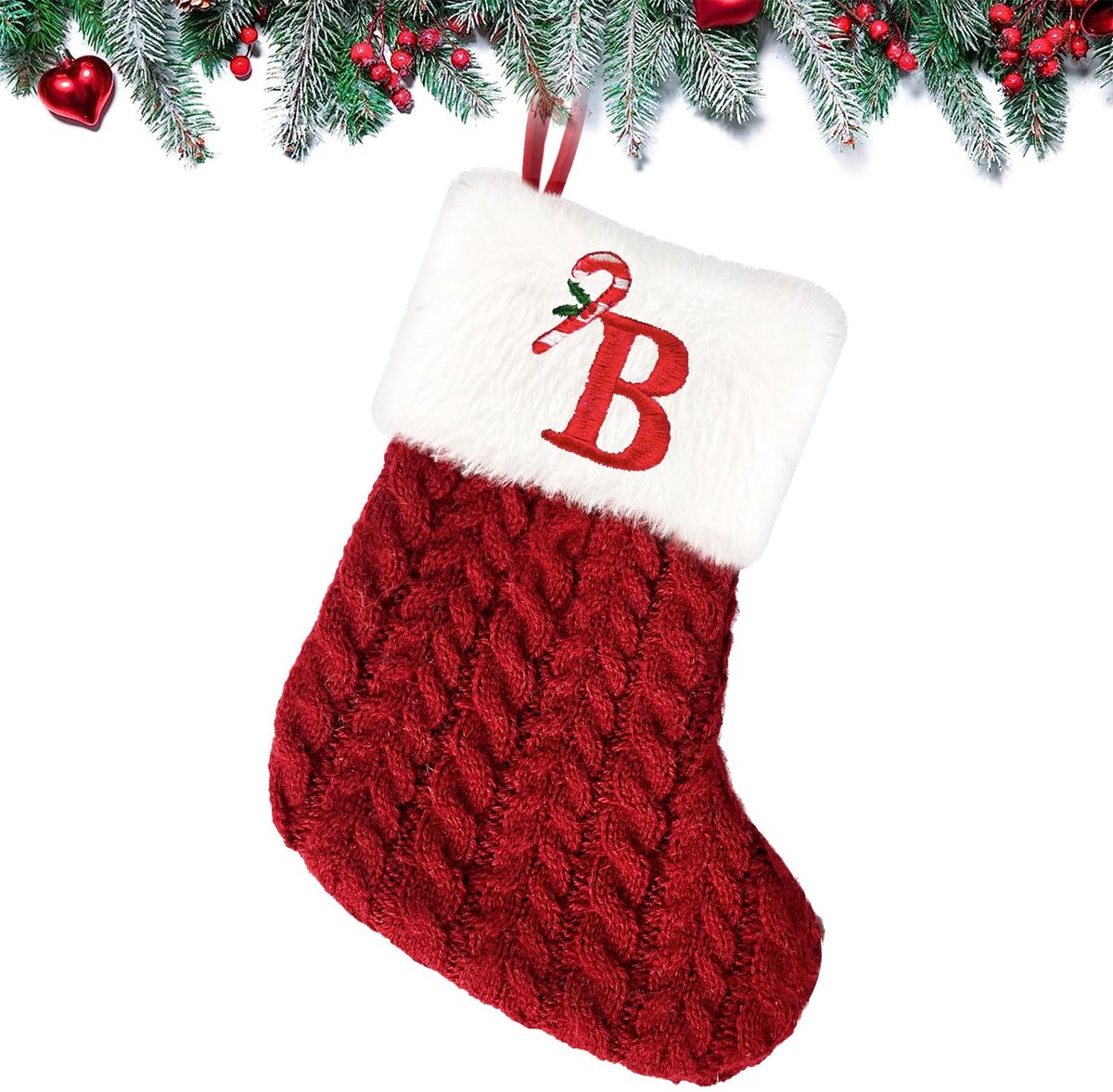 ZEYNOMAX- Kerstkous Gepersonaliseerd 7,9 inch - Gebreide Kous - Rode Kous - Pluche Manchet - Hangende Kous - Uniek Ontwerp met Monogram - Kerstdecoratie