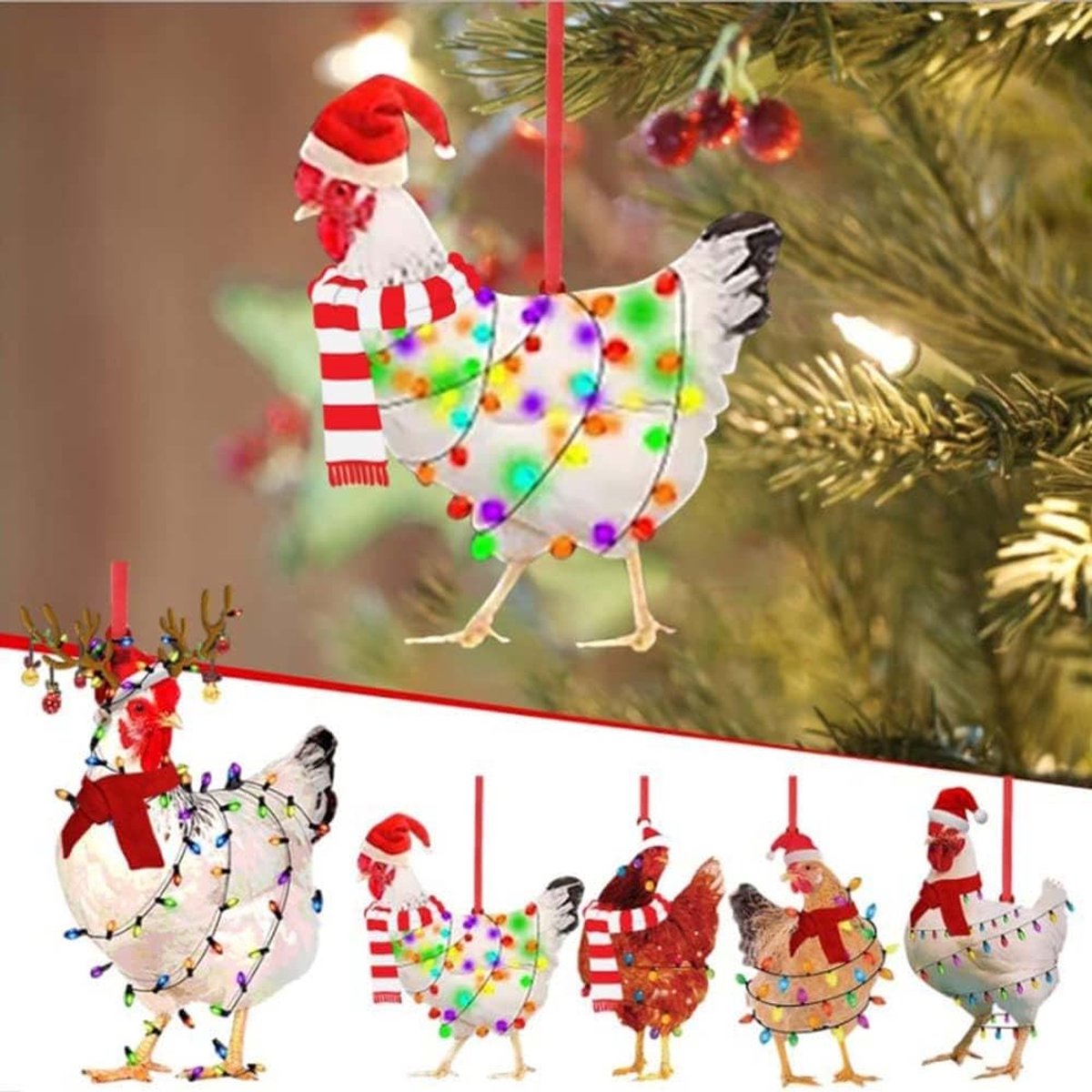 Dailygoods- Haan Decoratie 2D Platte Ornament - Kerstversiering - Hanger voor Binnen/Buiten - Feestelijke Decoratie - 5 Stuks - Charmante Sjaal - Kipornament