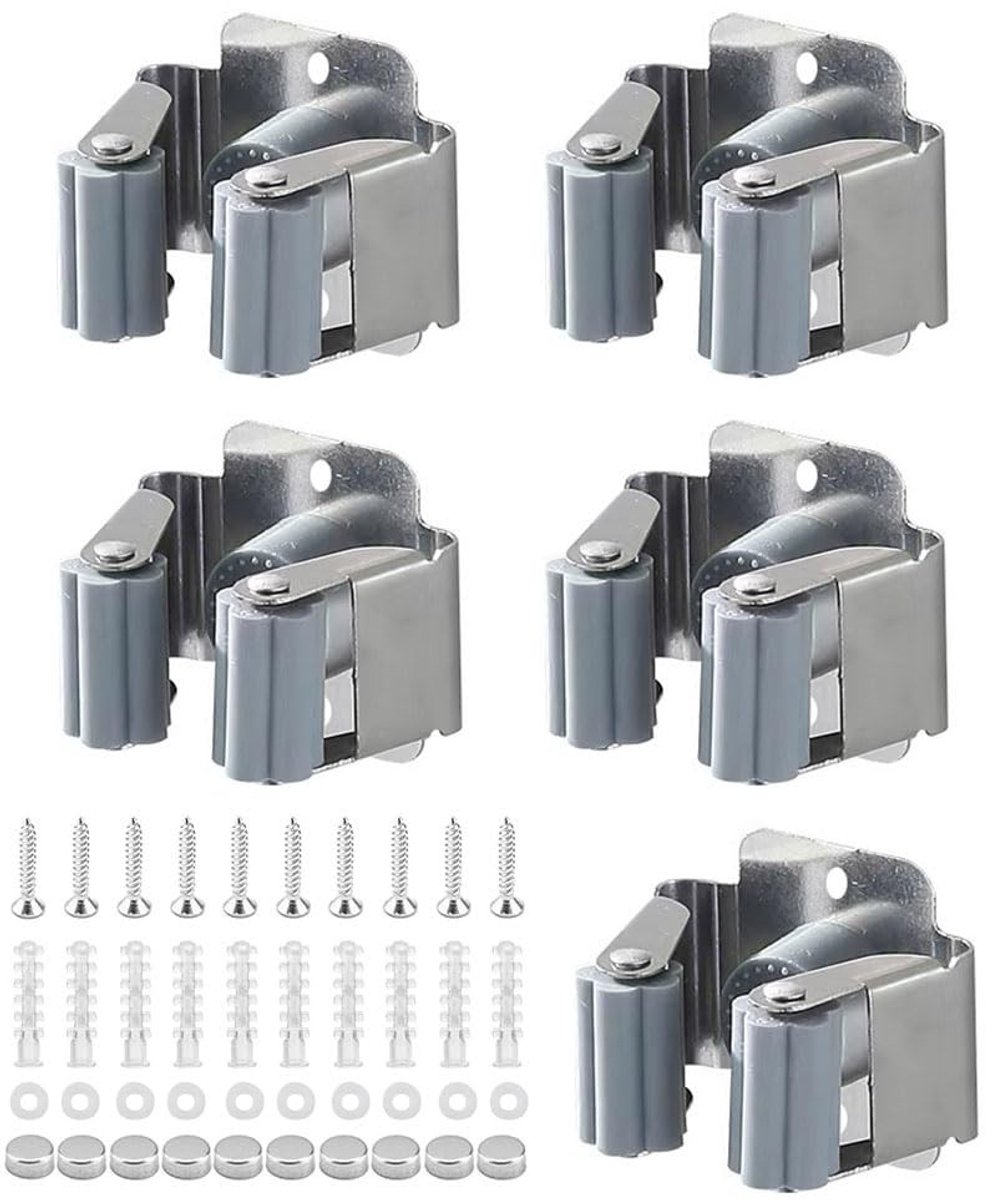 BRENZOOS- Bezemhouder - Wandmontage - Roestvrij Staal - 5 Stuks - Inclusief Schroeven - Verstelbaar - Antislip Gears - Opbergbeugel