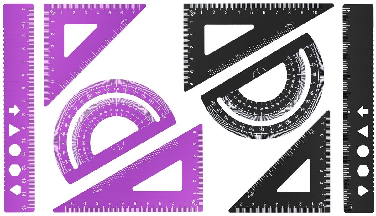 BRENZOOS- Geometrieset 8-delig - Aluminium Legering - Linialen - Hoekmeters - Geodriehoeken - Opbergdoos - Lichtgewicht en duurzaam - Meetlat