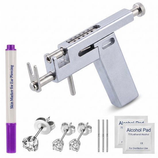 Boucle d'oreille schierter - Boîte de rangement - Métal - Comprenant 12 paires de clous - Pistolet à percer - Kit de perçage - Pistolet à percer les oreilles - Aiguille de perçage