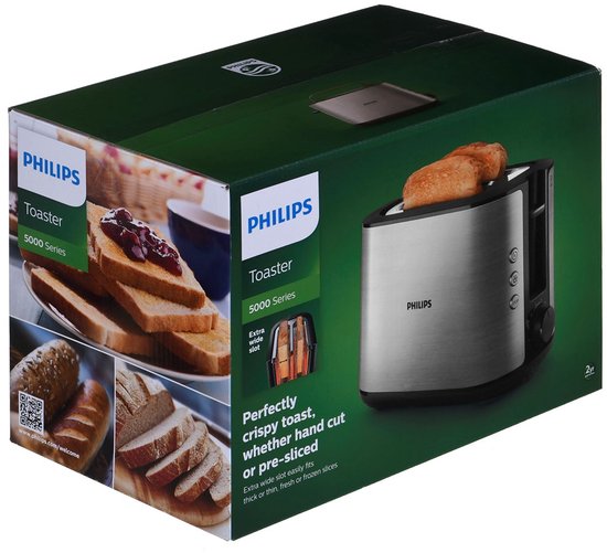 Boîte d'un grille-pain Philips série 5000 avec images de pain grillé et de croissants.
