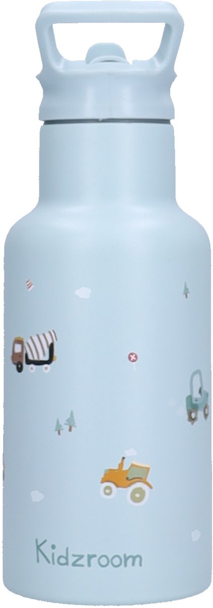 Kidzroom Little Story - Schoolbeker en Drinkfles - 350ml - Stainless Steel - Blauw - Voertuigen
