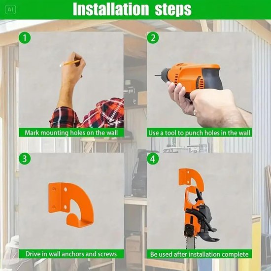 Deze wandbeugel Geschikt voor kettingzagen, kabels, slangen, schoppen, enz. is geschikt voor gebruik in werkplaatsen en garages. van Merkloos	 — afbeelding 3