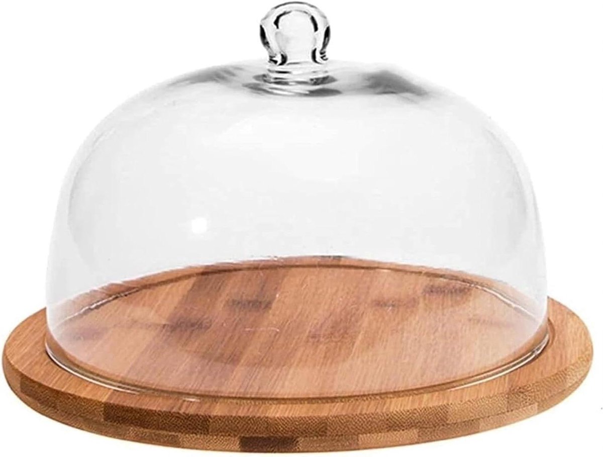 Houten Taartplateau - Met Glazen Koepel - Desserts Presenteren - Stabiele Structuur - 15 cm - Naturel