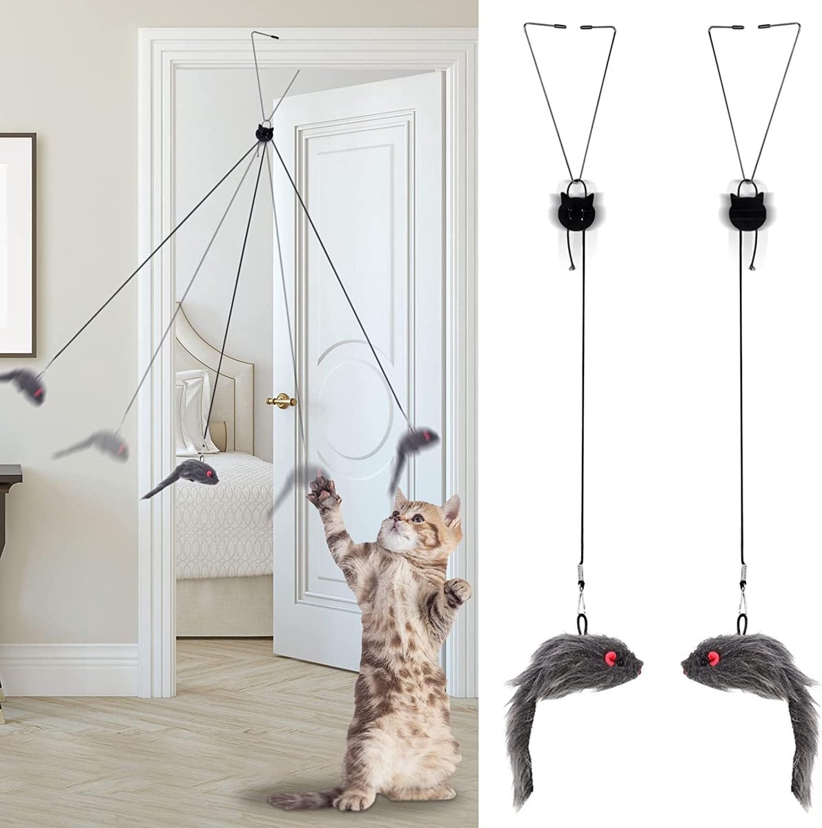 Oneay Set van 2 kattenspeeltjes: Hangend kattenspeeltje met elastische muis, interactief dansend kattenspeeltje met muisje voor in de ren en tegen verveling.
