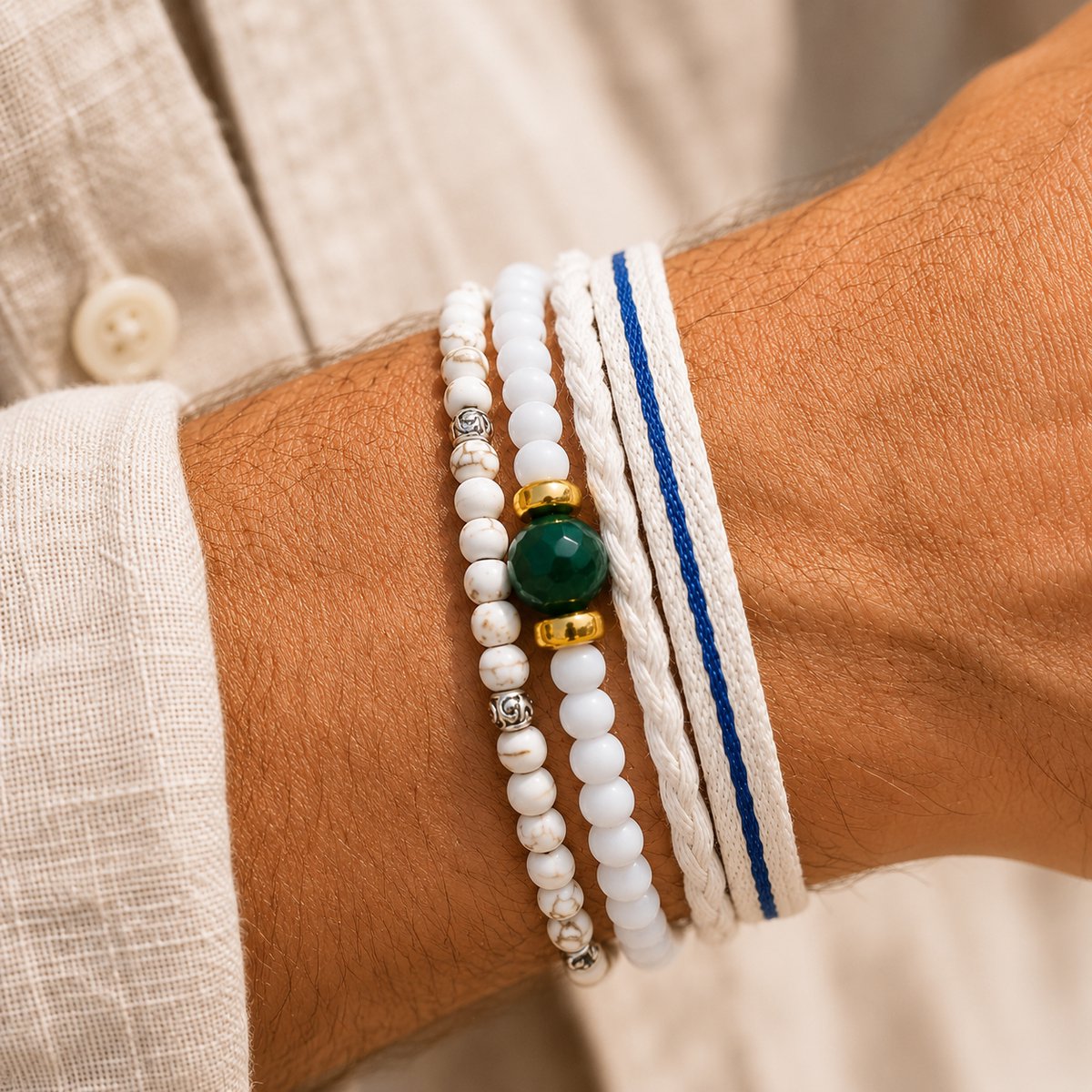 Azurro Bianzo Heren Armbanden Set – Natuursteen & Kralen – Verstelbaar 19–24 cm – Mannen Armband Casual – Cadeau voor Mannen & Vaderdag – Mediterrane Stijl