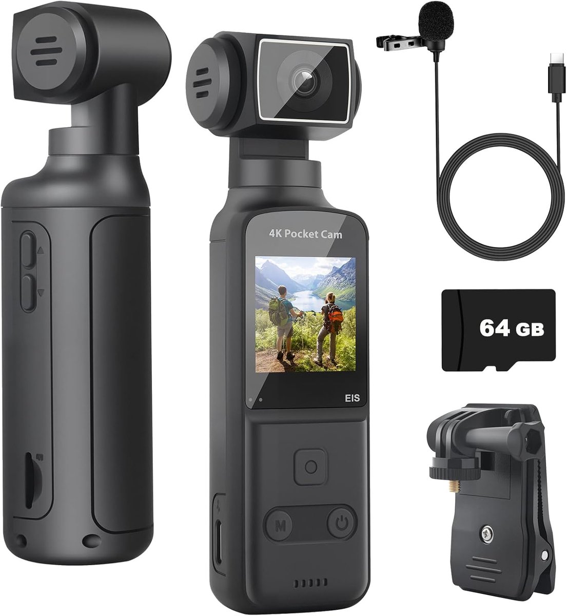 Bodycam 4K - Mini Body Camera met Externe Microfoon - 270° Roterende Lens - Zakformaat Vlog Camcorder voor Fietsen, Sport & Politie - Draagbare Videocamera met Audio - Inclusief 64GB Geheugenkaart - Dashcam - Zwart