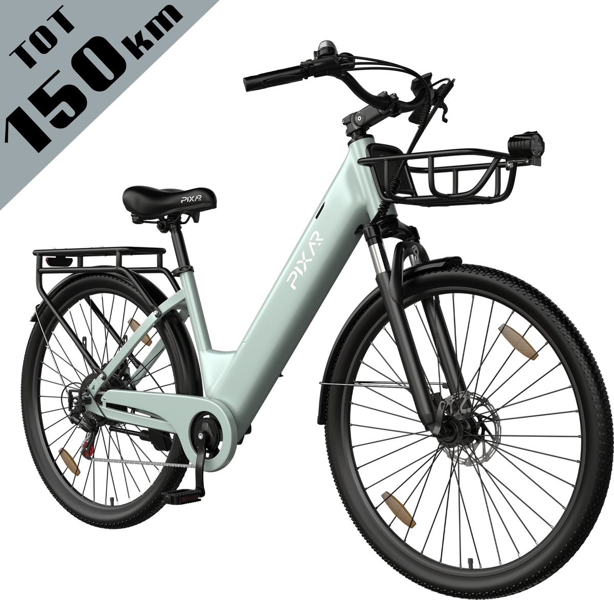 Galaxy C1 Pro Elektrische Stadsfiets 28 Inch - Extra Groot Bereik tot 150 km - 36V 18Ah EVE Accu - 250W Motor - Hydraulische Schijfremmen - Shimano 7 Versnellingen - Verende Voorvork - Inclusief Fietsmand en Slot-Lichtgroen