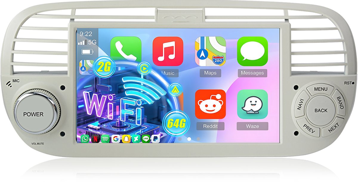 Hexinex Autoradio - Geschikt voor Fiat 500 Wit 2007 t/m 2015 - Android 15 - Draadloos Apple Carplay & Android Auto - 2GB + 64GB - Bluetooth, GPS & Wifi