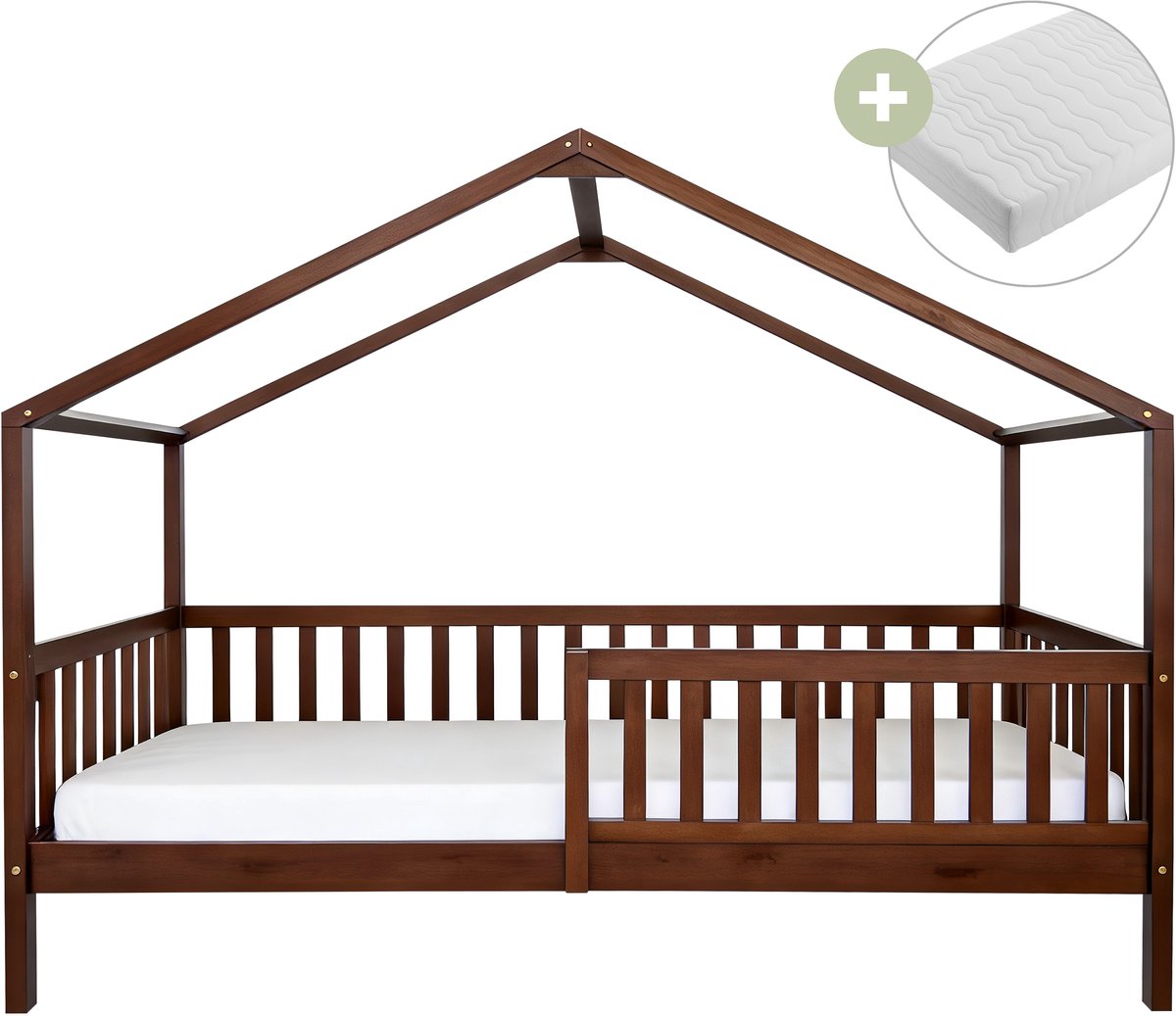 Sunny Kae Bedhuisje – Met Uitvalbeveiliging – 207 x 96 x 156,5 cm – Peuterbed Meisjes en Jongens – FSC 100% Hout – Huisbed 90x200 - Met Lattenbodem – Bedbank - Inclusief Matras – Bruin Bruin; Met matras