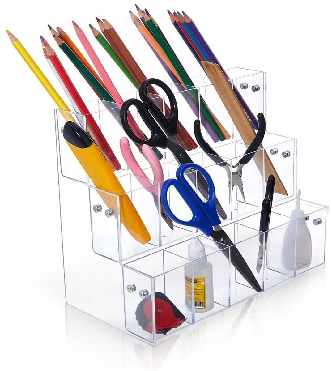 Dailygoods- Pennenhouder 3-laags - Organizer met 15 Compartimenten - Bureau Accessoires - Make-up Borstel Organizer - Transparant Plastic - Grote Capaciteit