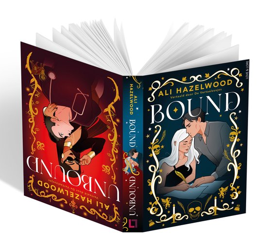 De boeken 'Bound' en 'Unbound' van Ali Hazelwood. De cover van 'Bound' toont een stel dat aan een bureau zit, 'Unbound' toont een vrouw met een zwaard.