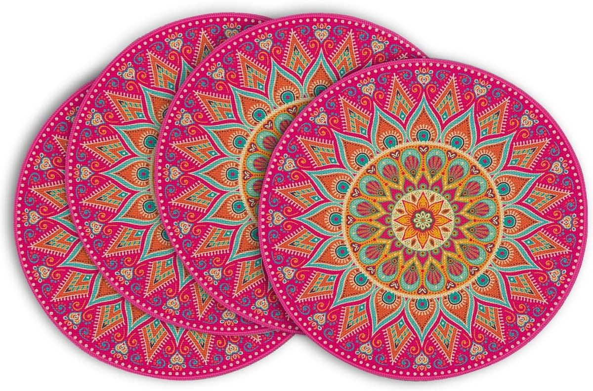 4 stuks - Placemats - Serviesgoed - Roze en gele mandala placematset - Lentethema - Geschikt voor feestjes, keukens en eetkamerdecoratie - 38 cm - Rond