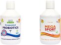 Twee witte flessen. Links: Encapsulated Probiotics. Rechts: Mega Sport Daily Supplement. Met fruit op de achtergrond.