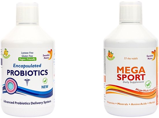 Twee witte flessen. Links: Encapsulated Probiotics. Rechts: Mega Sport Daily Supplement. Met fruit op de achtergrond.