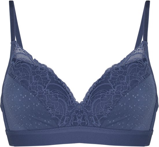 Blauwe voorgevormde bh zonder beugel met kantaccenten en stipjes.