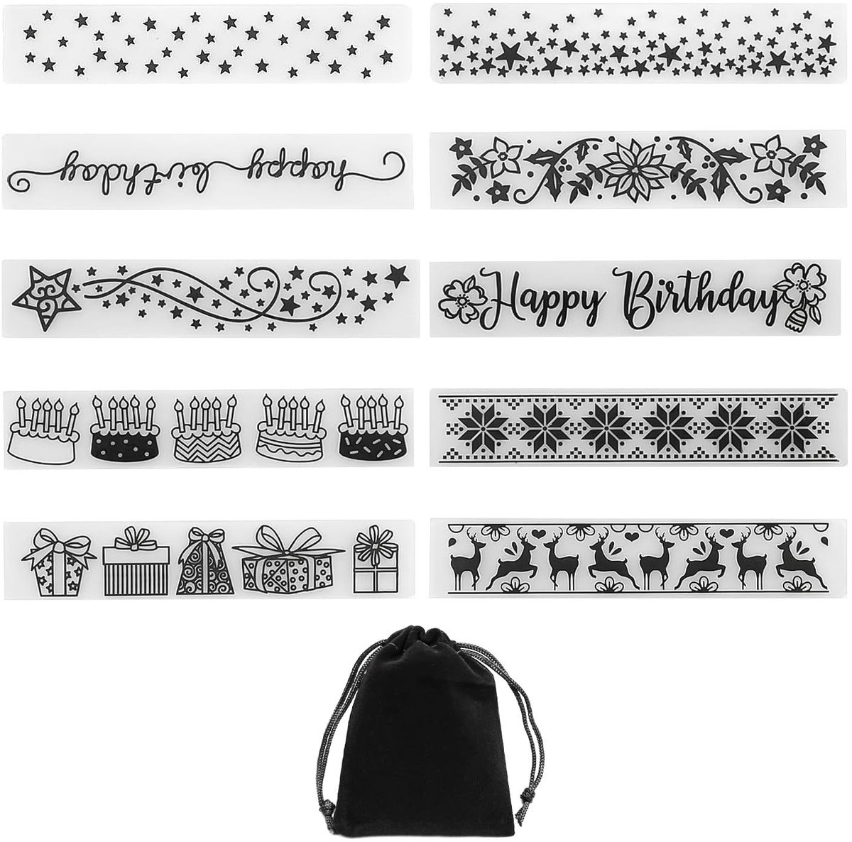 Dailygoods- Druksjablonen 10 Stuks - Zwarte Opbergtas 13 x 18 cm - Reliëfvellen - Kaartprintsjablonen - Milieuvriendelijk - Duurzaam TPR - Printsjabloon