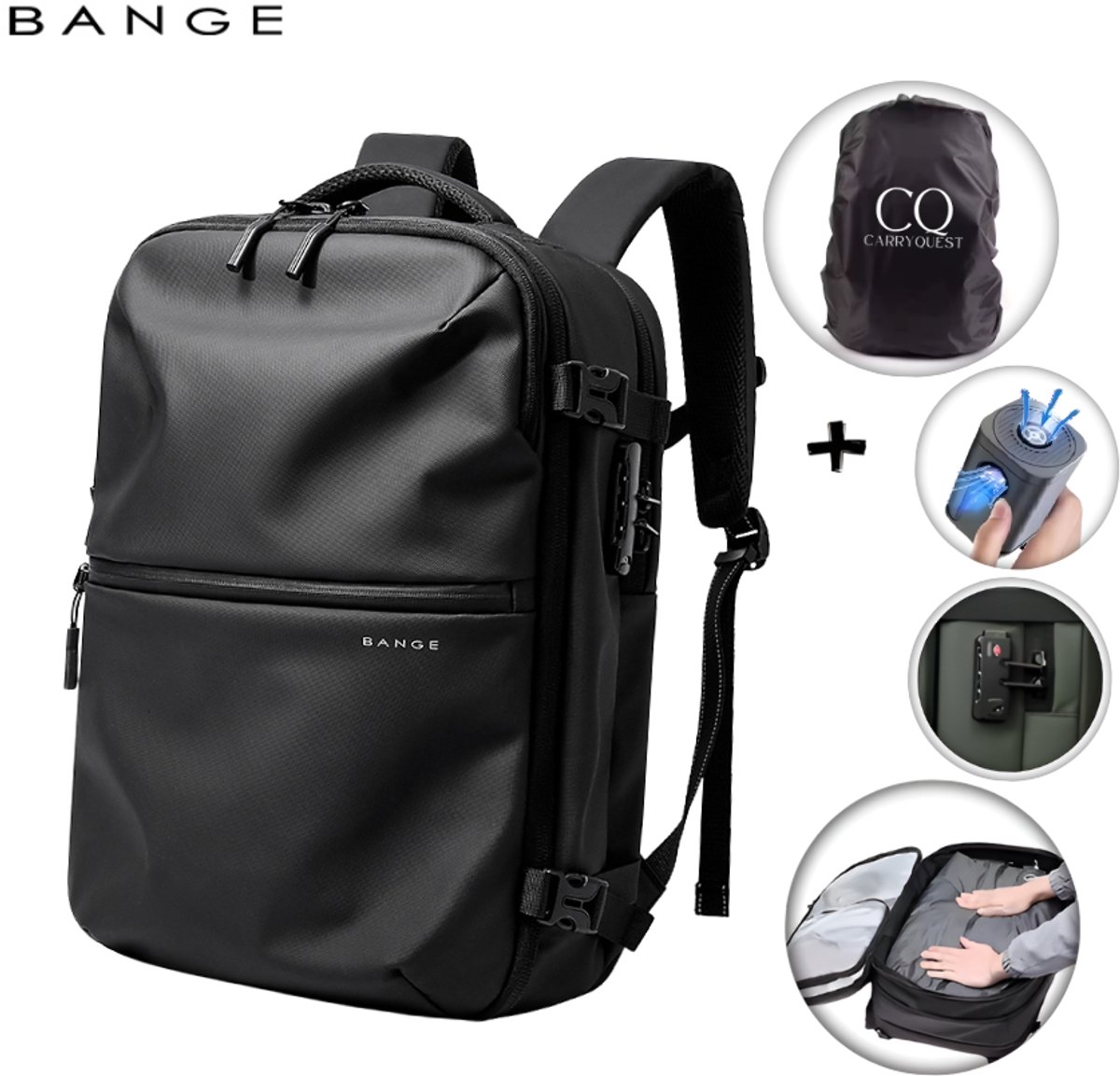 CarryQuest® - BANGE Vacuüm Rugzak circa 20-36L - Handbagage Rugzak met Vacuum Compressie - Vacuum Backpack met Compressiesysteem - Laptopvak 15.6 inch - Waterafstotend - Zwart