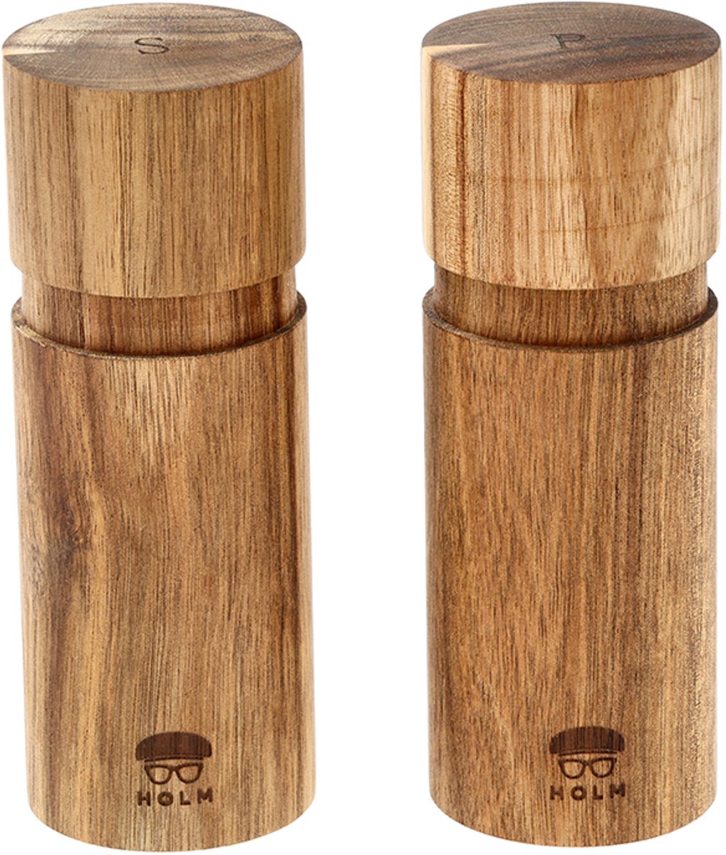 HOLM Peper- en Zoutmolen Set – Houten Kruidenmolens met Keramisch Maalwerk – Instelbare Maalgraad – Acaciahout – FSC Gecertificeerd – 15,2 cm – Hout – 2 stuks
