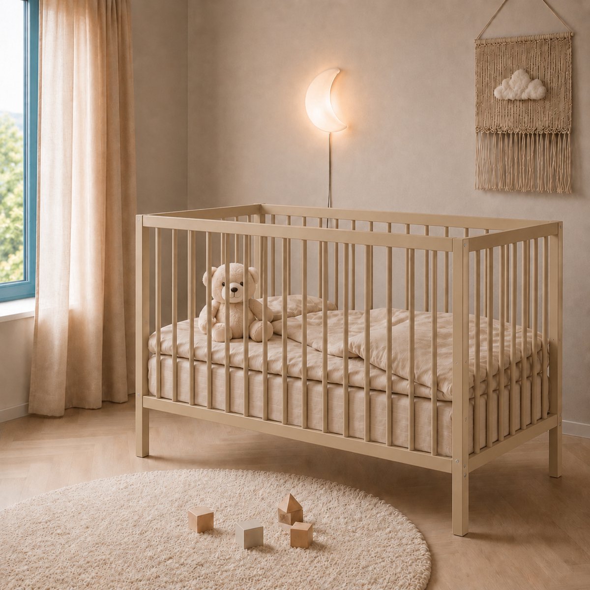 Bol.com Born Lucky ® Baby Bed / Ledikant Mees 60x120 cm Met Verstelbare Bodem & Massief Hout - Clay aanbieding