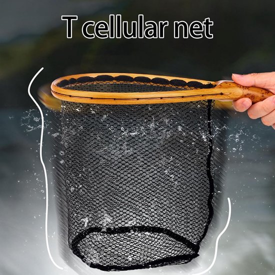 Visnet Lichtgewicht - Schepnet Hout - Vissen Kleine Wateren - Sneldrogend Rubberen Gaas - 23x17x26cm - Meerkleurig — afbeelding 3