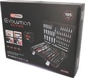 Zwarte doos met "KS TOOLS Evolution Series 195 pcs" en afbeelding van een opengeklapte gereedschapskoffer.