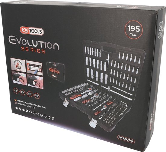 Zwarte doos met "KS TOOLS Evolution Series 195 pcs" en afbeelding van een opengeklapte gereedschapskoffer.