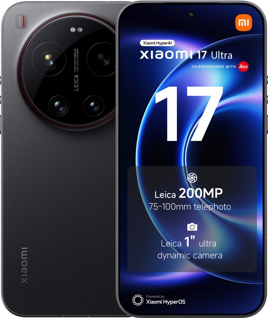 Zwarte Xiaomi 17 Ultra smartphone, met op de voorkant de tekst Xiaomi HyperAI, Xiaomi 17 Ultra, Leica 200MP en Leica 1" ultra dynamic camera.