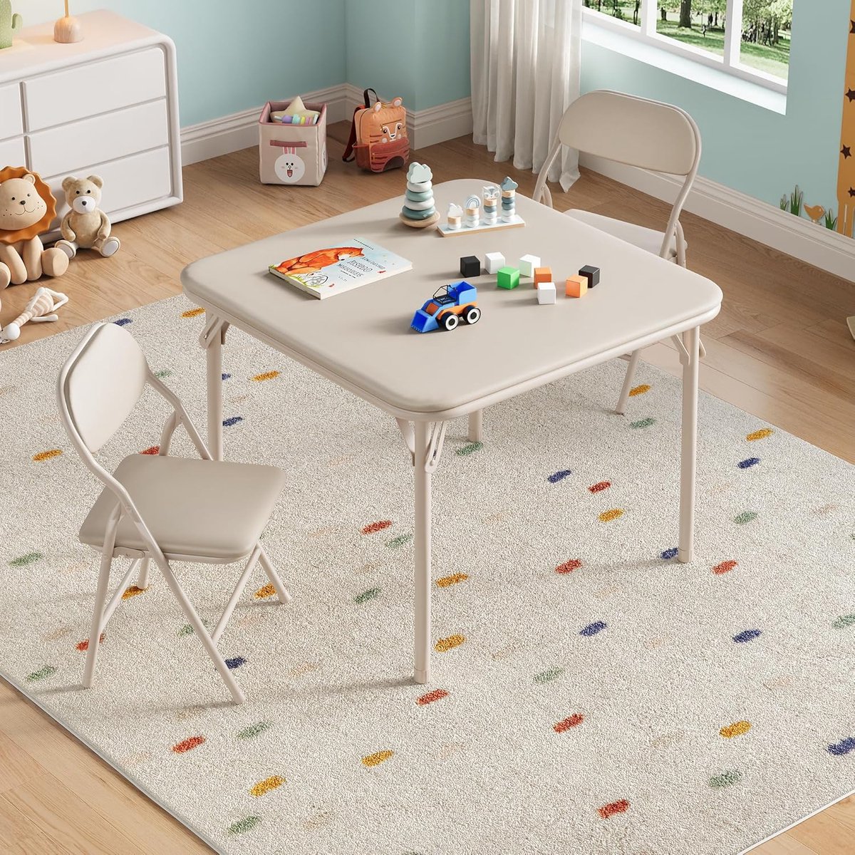 3-delige set opvouwbare kindertafel en -stoelen, opvouwbaar kindermeubilair met PU-leren b