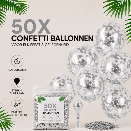 50x transparante ballonnen gevuld met zilveren confetti, latex, sterk & duurzaam, perfect voor elk feest.
