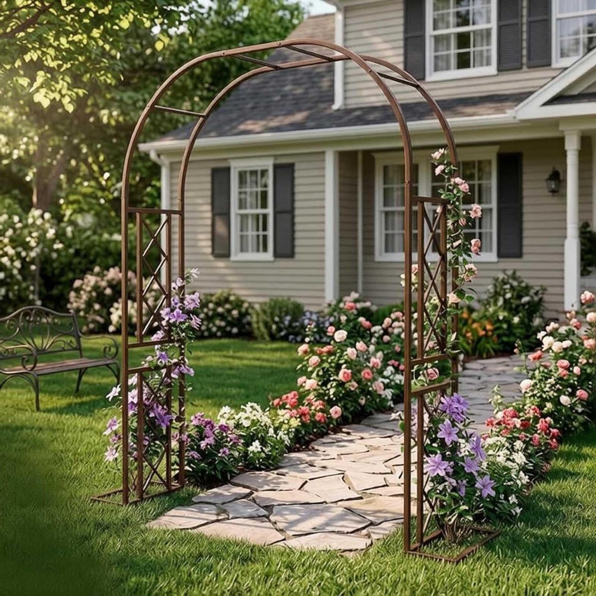 Rozenboog Tuinboog - Rankhulp Klimplanten - Decoratie Buiten - Stabiel Weerbestendig Staal - 260x230x40cm - Bruin