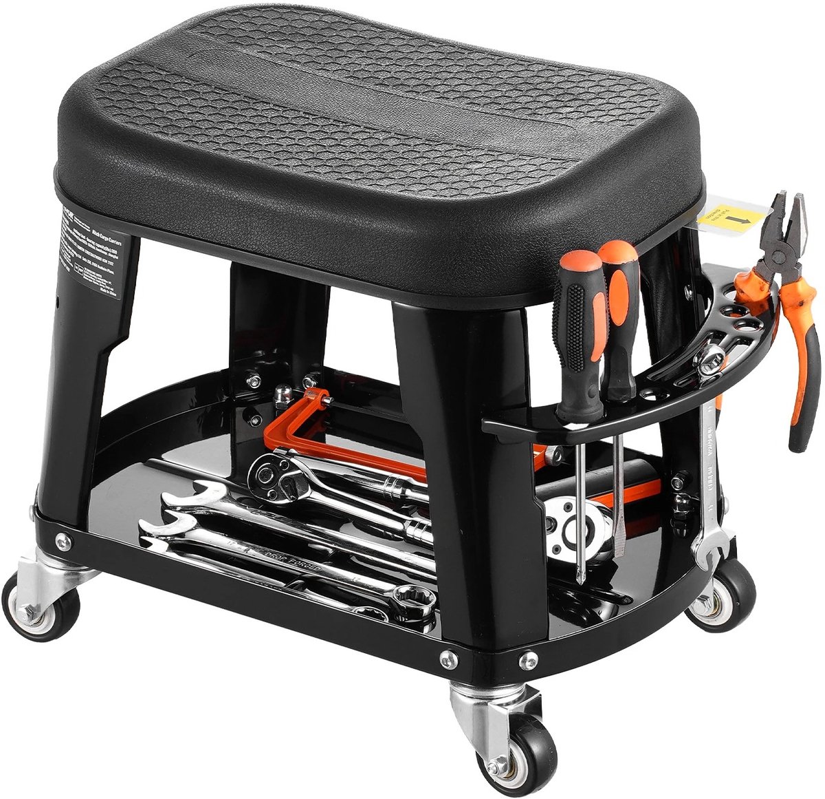 Sello! werkplaatskruk - garagekruk – wielen – 360° draaibaar – afneembaar kussen –opbergruimte – tot 135kg – 35cm hoog – zwart