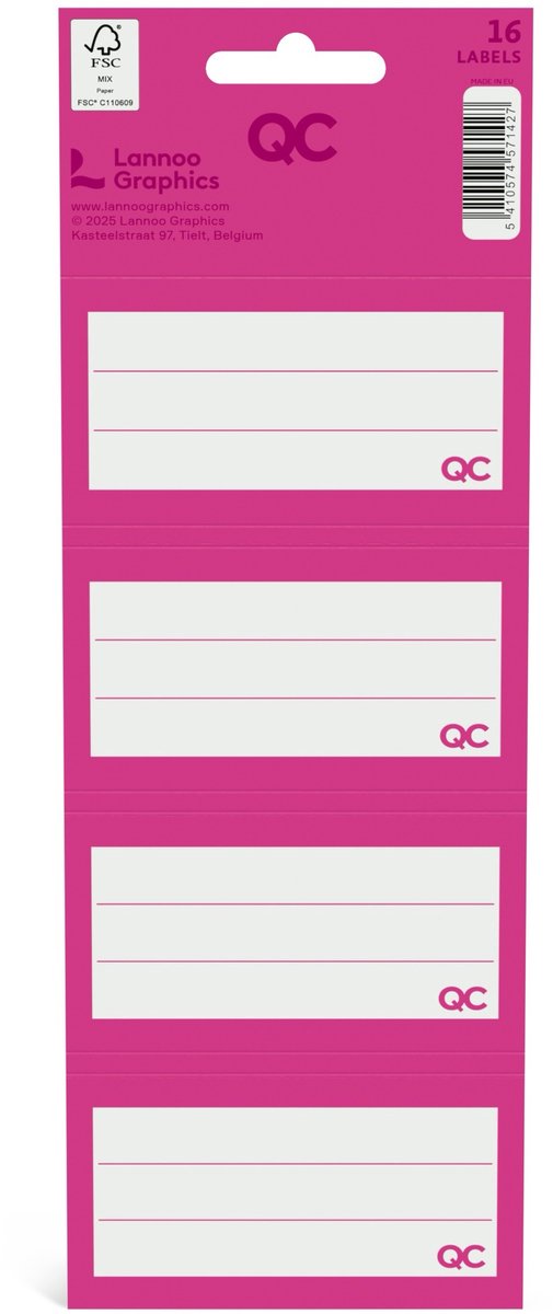 QC COLOUR zelfklevende schooletiketten - fuchsia - set van 16 stuks
