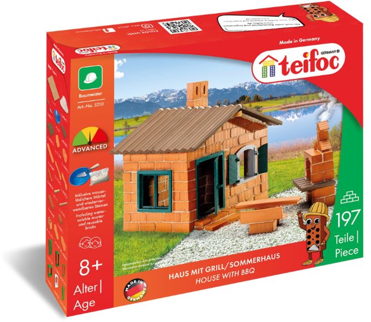 Teifoc® Bouwdoos – Huis met Barbecue – 197 onderdelen – Echte mini Bakstenen met Cement, Kom en Troffel – Bouwpakket voor kinderen vanaf 6 jaar