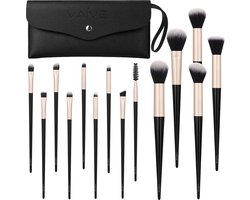 Vaive Make Up Borstels Set 15-Delig - Vegan Kwasten - Foundation, Oogschaduw, Blush, Kabuki & Bronzer Kwast - met Etui - Champagnekleurig