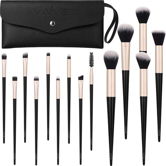 Een complete set van 15 make-upkwasten, waaronder foundation-, oogschaduw-, blush- en kabukikwasten, met een zwart etui.