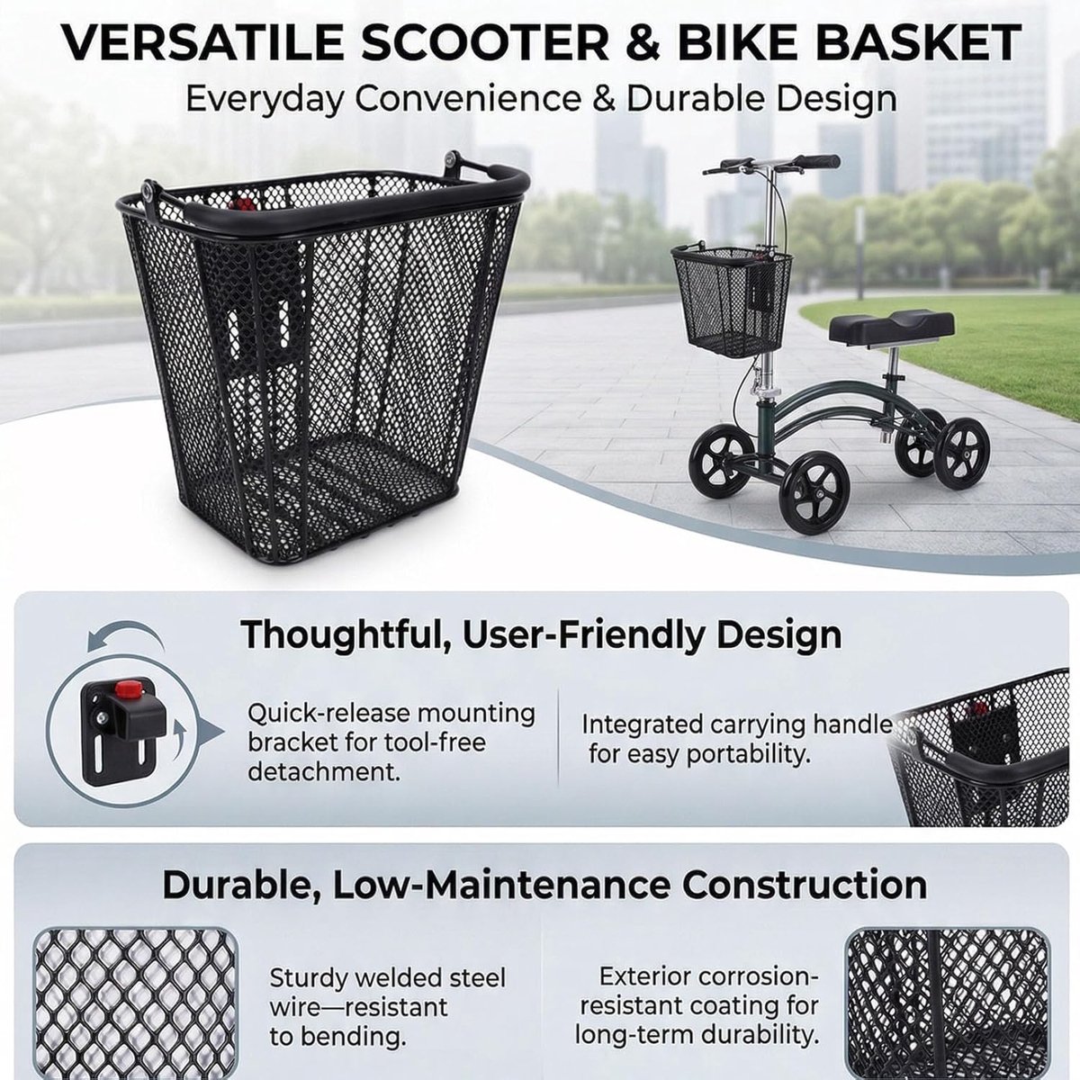 Scooter Fietsmand - Afneembare Opbergmand - Dagelijkse Boodschappen - Snelle Koppelingsbevestiging - 9.6 x 7.1 x 5.5 inch - Zwart