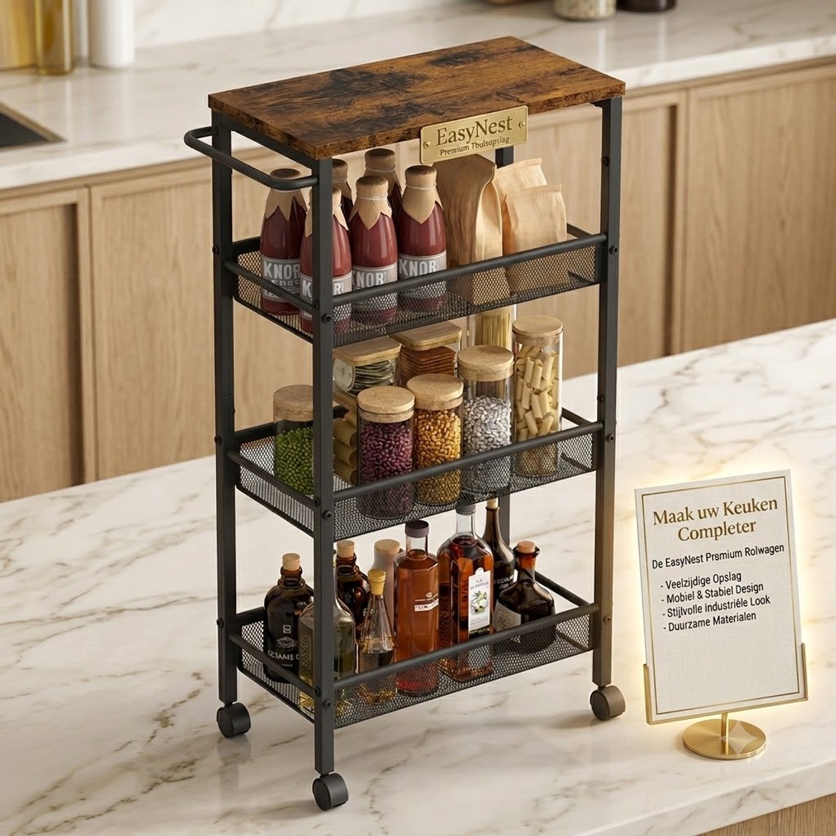 4-Laags Opbergkar met Wielen – Ruimtebesparende Keukenkar voor Kleine Ruimtes – Multifunctionele Organizer met Stalen Frame