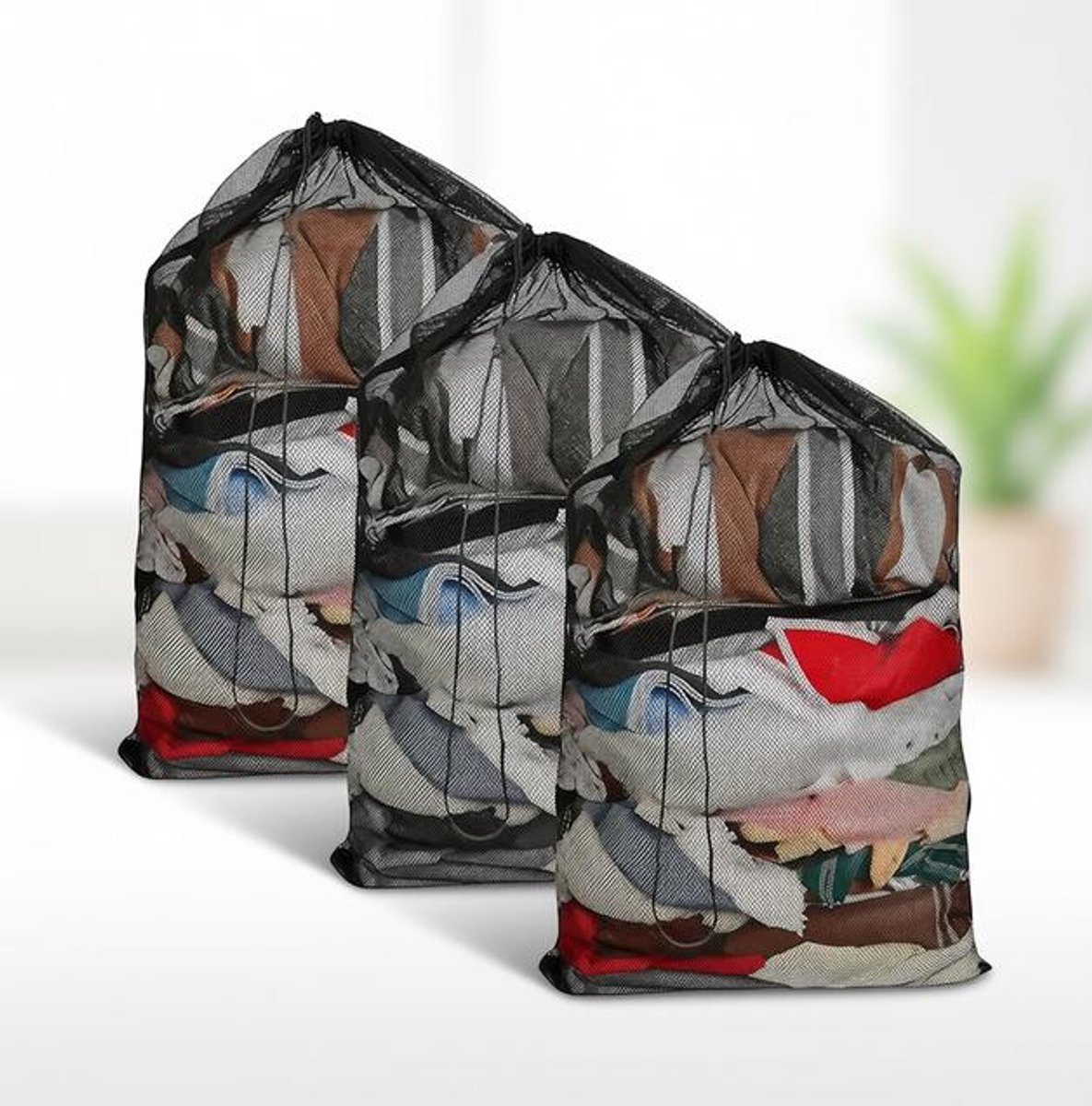 Maison Elara 3 stuks XXL fijnmazige waszakken met trekkoord - 60x90 cm - Zwart
