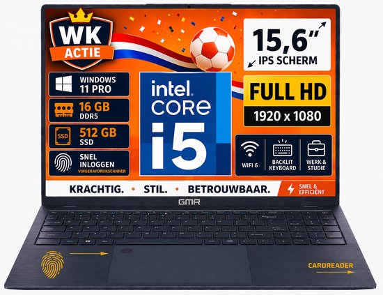 GMR Laptop 15.6 Inch Full HD IPS | Intel Core i5 | 16GB DDR5 RAM | 512GB SSD | Windows 11 Pro | Zakelijke Laptop | Studenten Laptop | Werk Laptop | Thuiswerk Laptop | Office Laptop | Notebook - GMR - Hoofdafbeelding