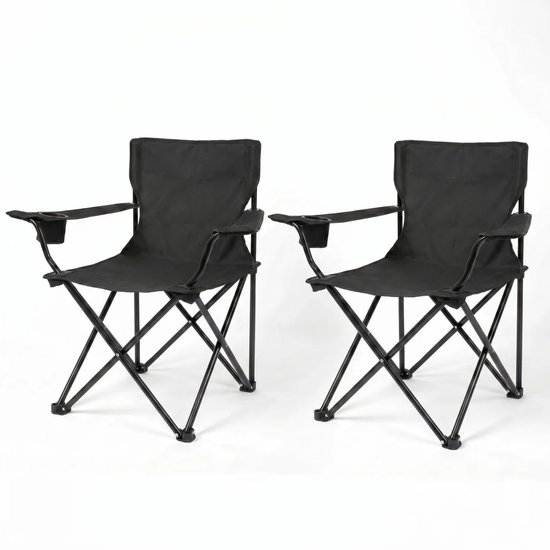 Twee zwarte, opvouwbare campingstoelen met bekerhouders, op een witte achtergrond.