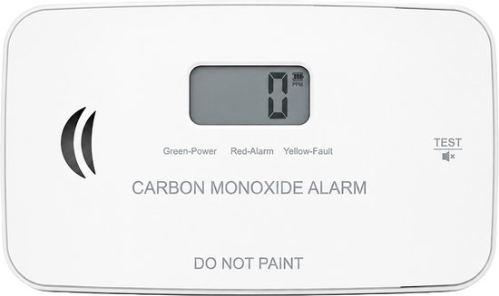 Witte koolmonoxidemelder met LCD-display dat 0 ppm aangeeft.