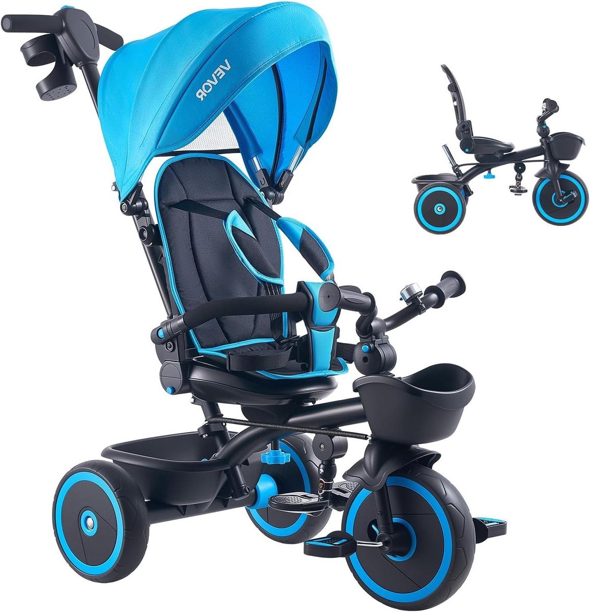 Kinder driewieler - Loopfiets kinderwagen - Kind ontwikkeling - 6-in-1 Configuratie - 25 kg belasting - Blauw Zwart