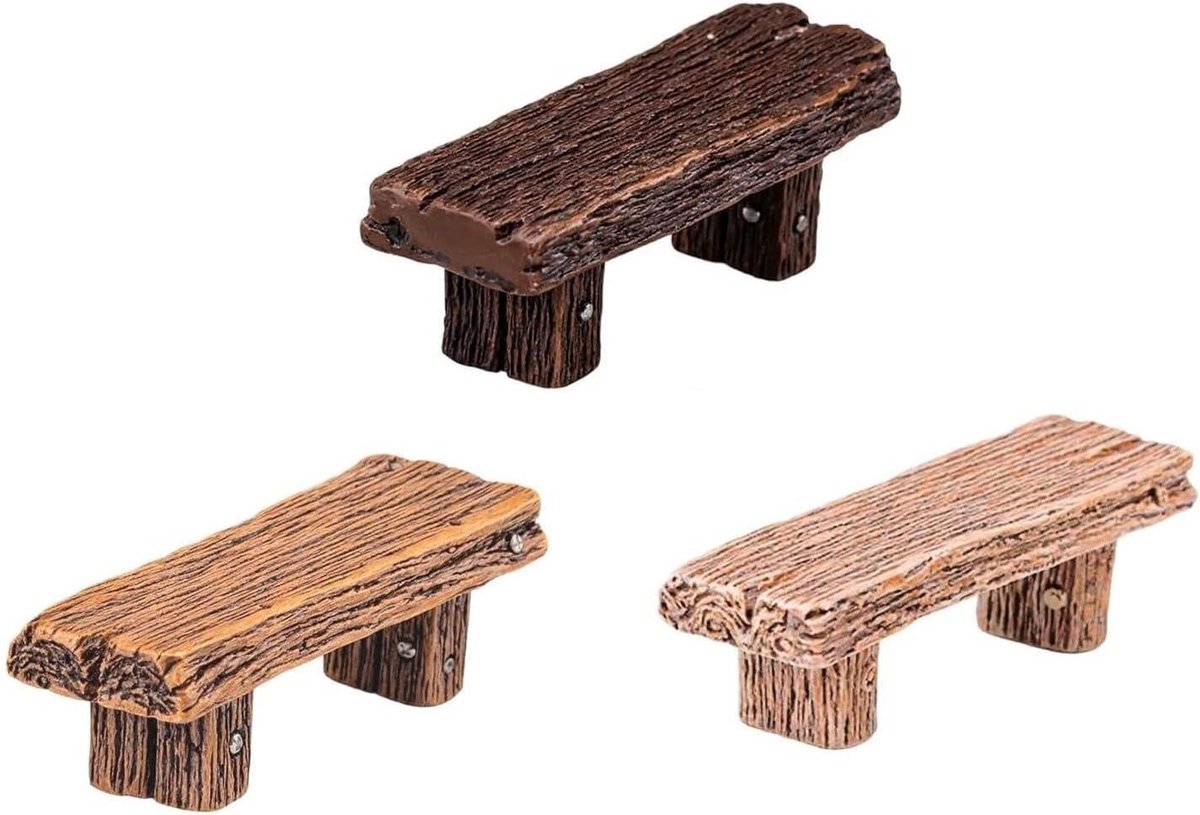 Miniatuur Bankjes - Tuin Decoratie - Sprookjes Tuin - Realistisch Hout Design - 3 Stuks - Zwart