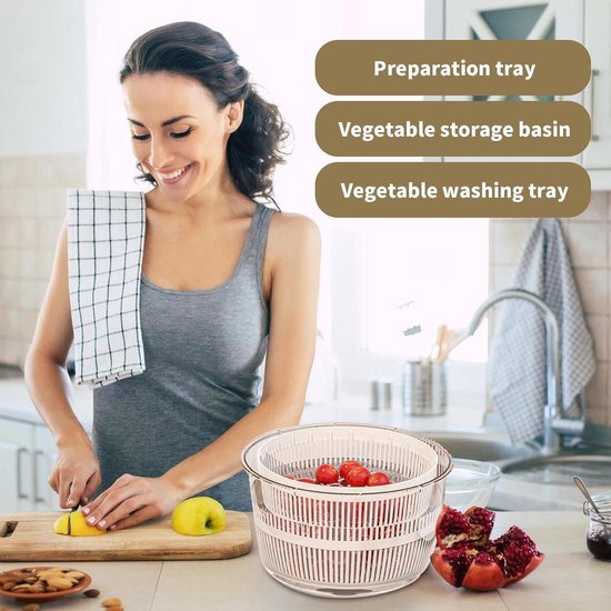 Fruit Spinner - Groente Wasmachine - Salade Bereiden - Hand Crank Bediening - 25 cm - Wit — afbeelding 4