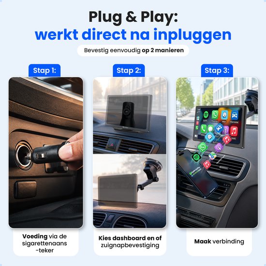 Stappenplan voor Plug & Play installatie: voeding via sigarettenaansteker, kies dashboard- of zuignaphouder, maak verbinding met smartphone.