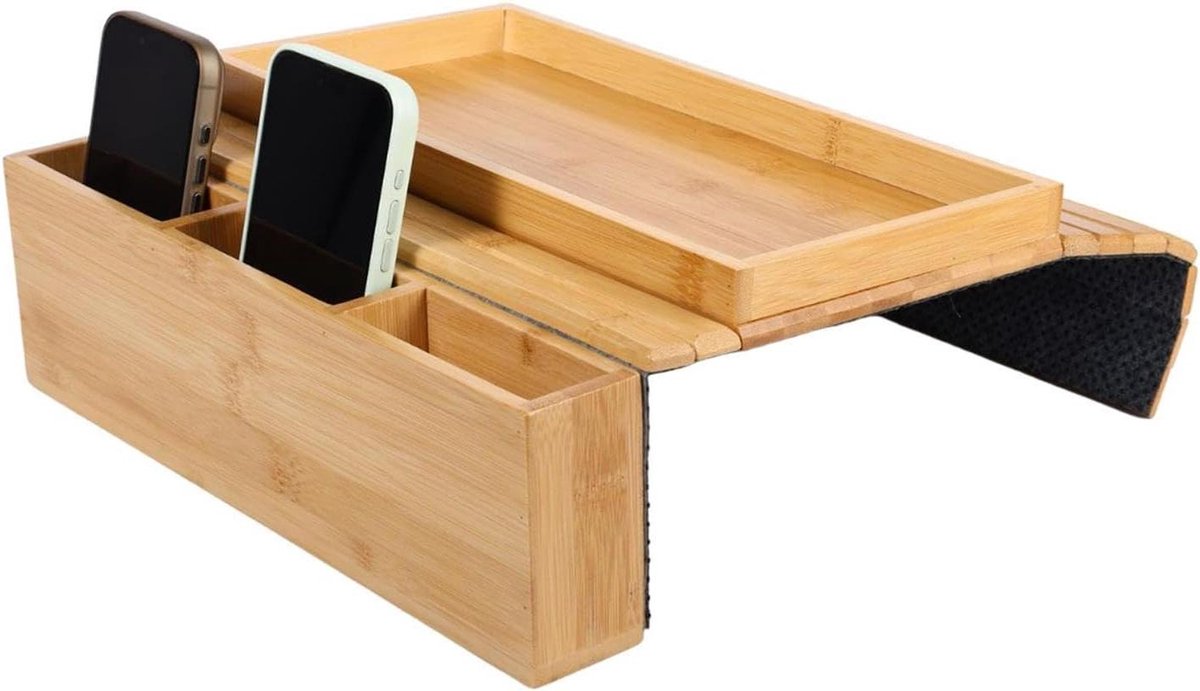 Bank Armleuning Dienblad - Opvouwbare Organizer - Ontspannen Thuis - Antislip Viltbasis - 46 cm Breed - Houtkleur